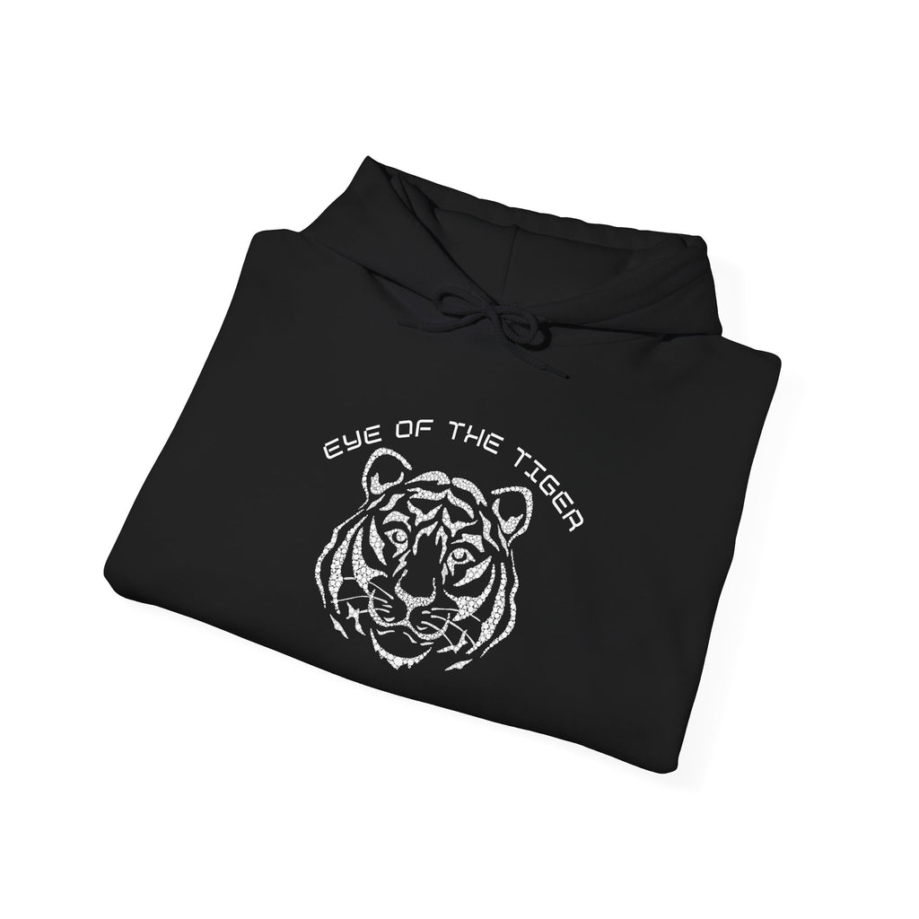Black hoodie with a white tiger design and 'Eye of the Tiger' text on a white background