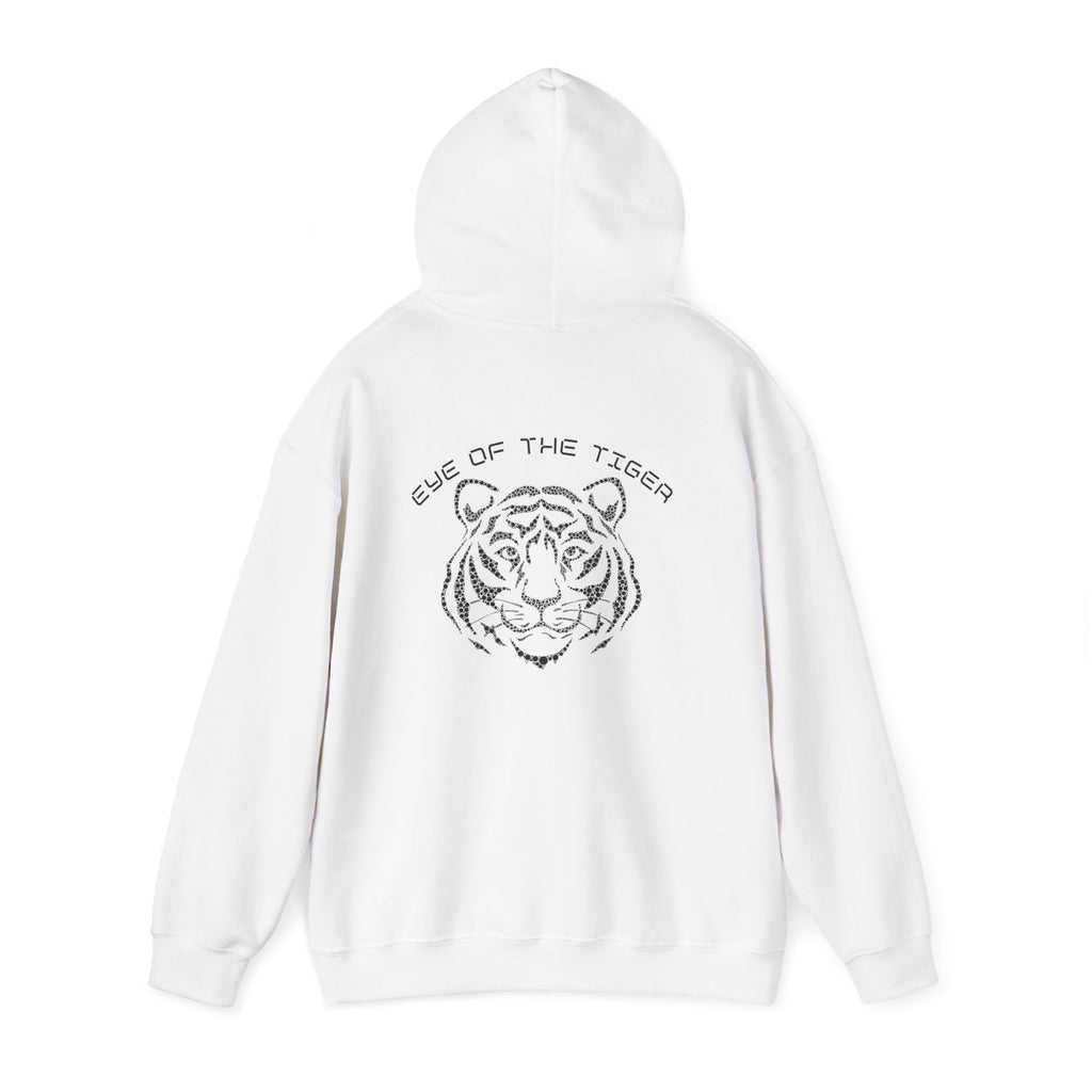 White hoodie with a tiger design and text on the back against a white background