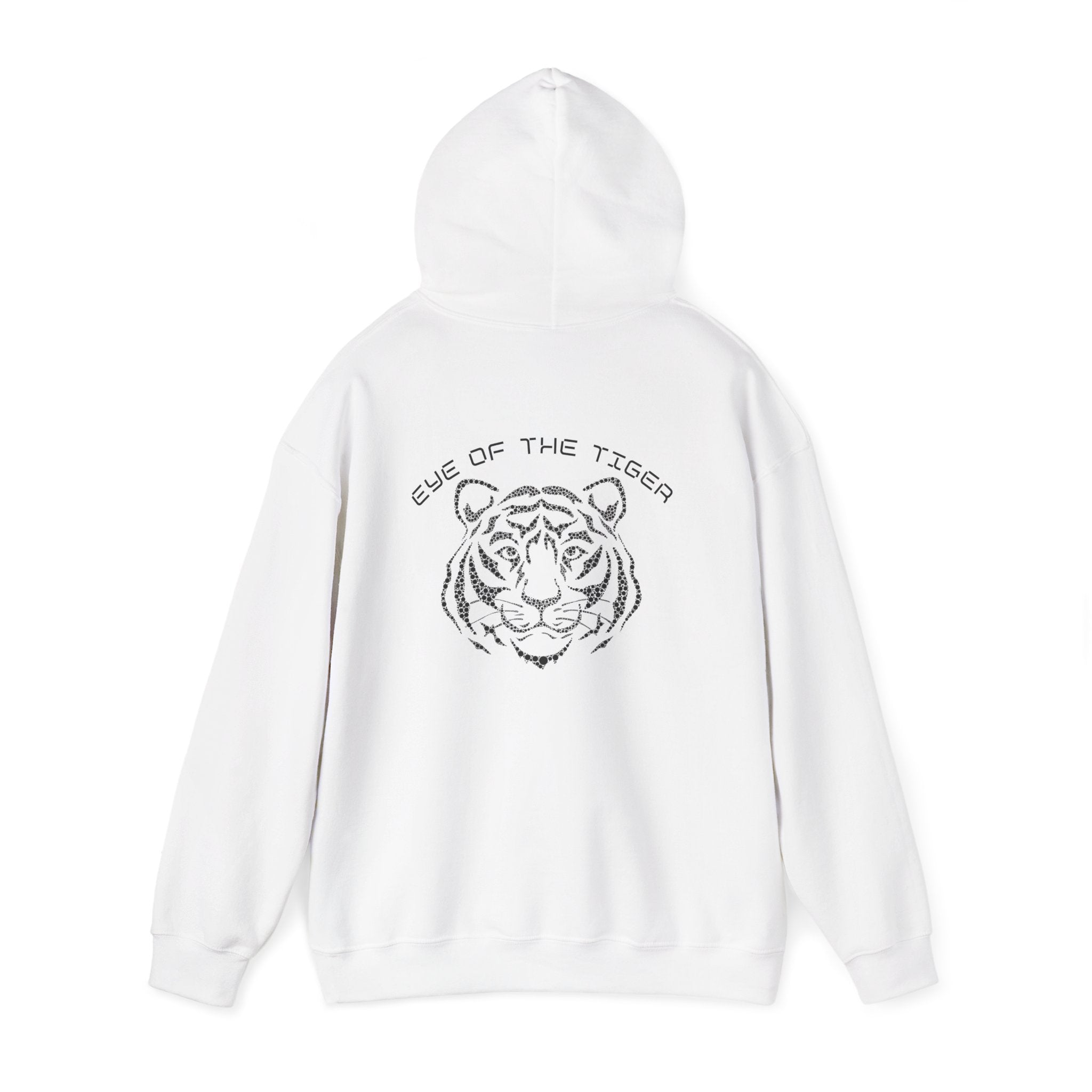 White hoodie with a tiger design and text on the back against a white background