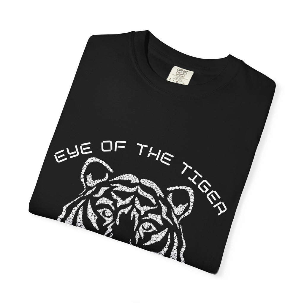 Black t-shirt with 'Eye of the Tiger' design on a white background
