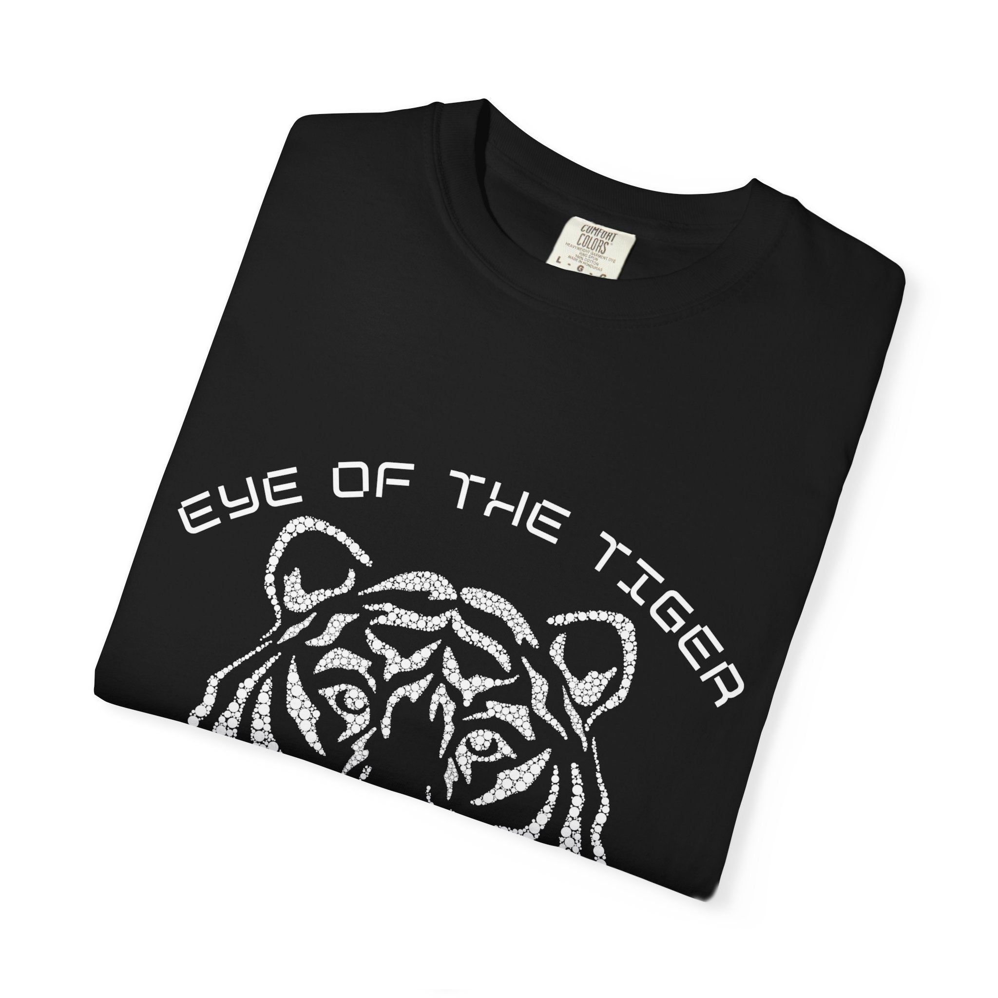 Black t-shirt with 'Eye of the Tiger' design on a white background