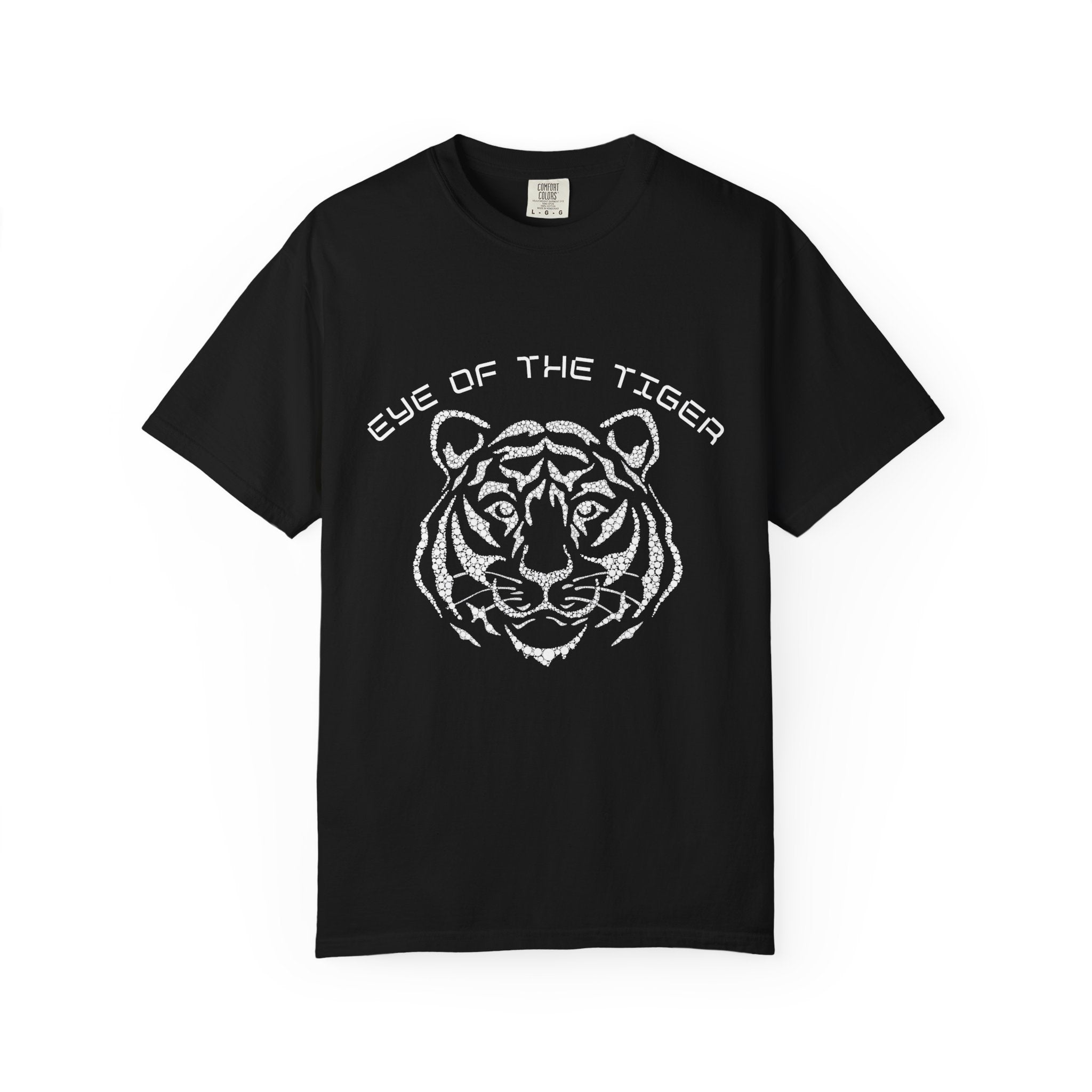 Black t-shirt with a white tiger graphic and 'Eye of the Tiger' text on a white background
