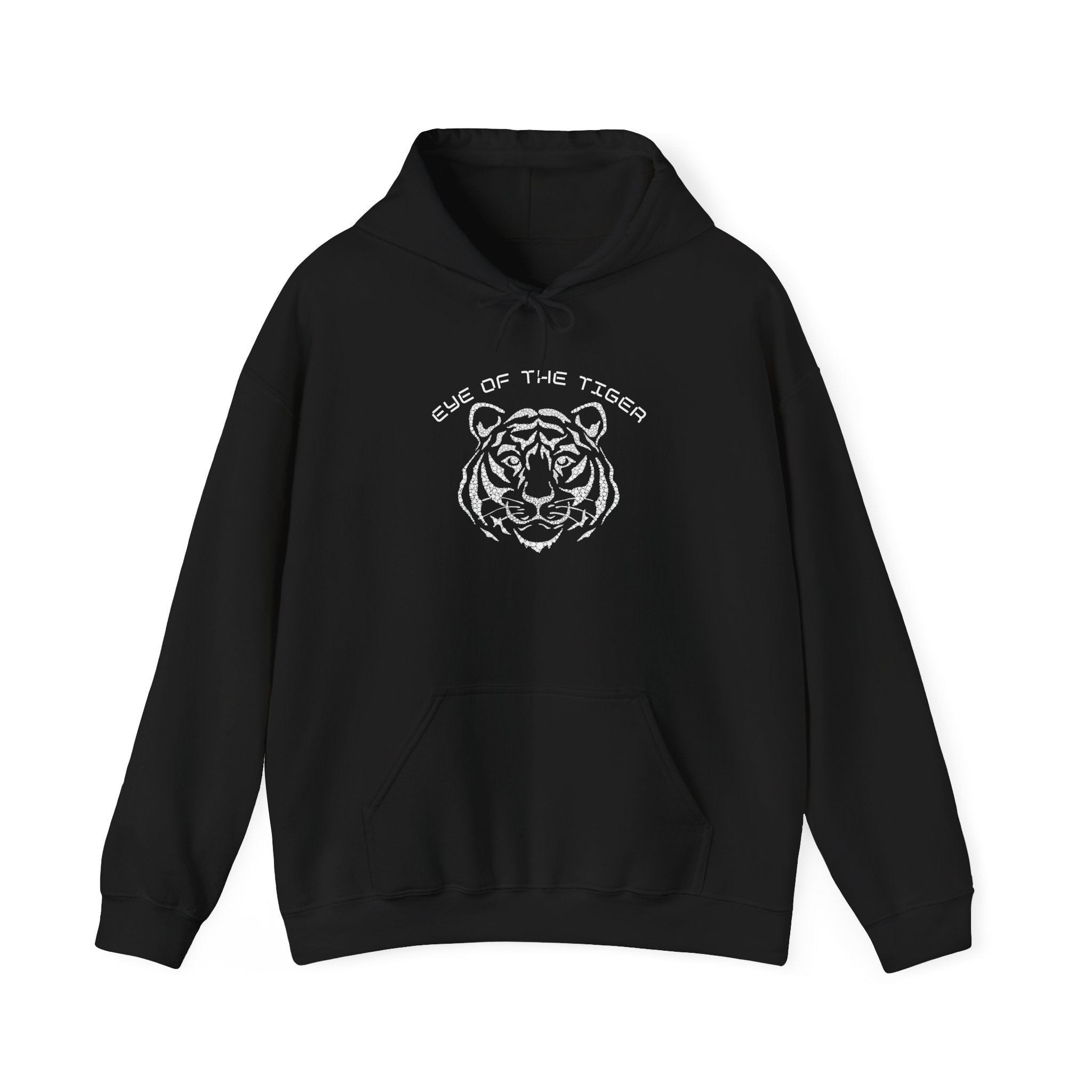 Black hoodie with a tiger graphic and text on a white background